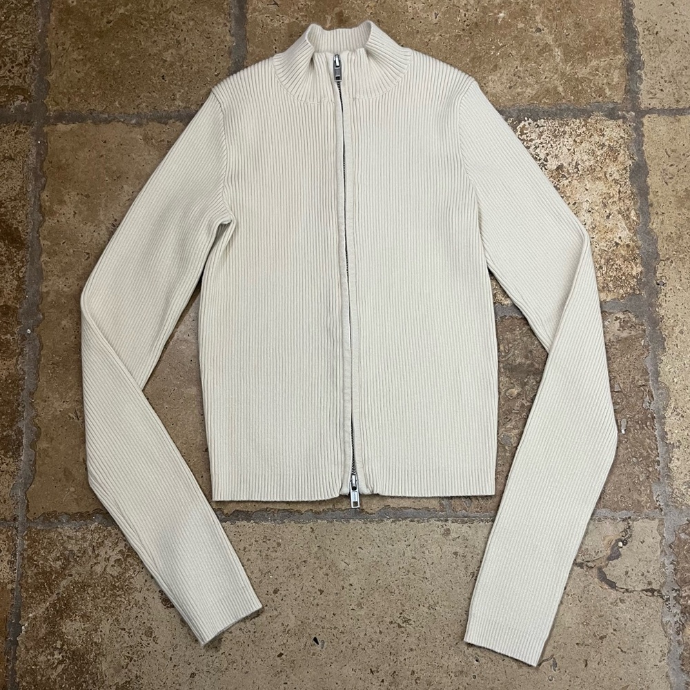 John Galt Brandy Melville Cream Ribbed Knit Double Zip Mock Neck Sweater